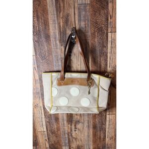 Fossil Canvas Leather Polka Dot Tote Bag Beige Brown Bird Print Lining Key Charm